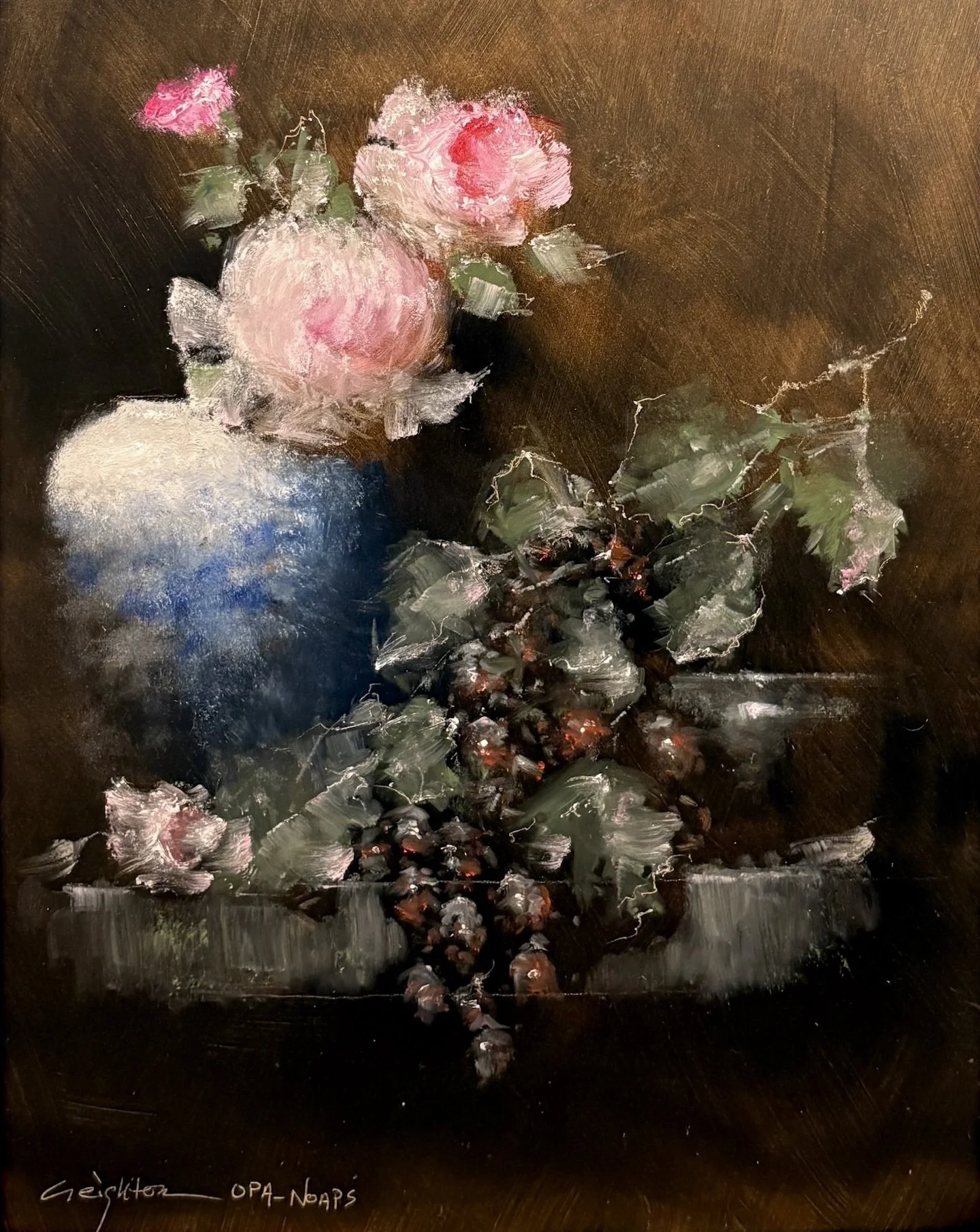   Steve Creighton   (American, b. 1942)   Arrangement with Grapes,  2026  Oil on board, 14 × 11 inches  Signed lower left  $1,300 