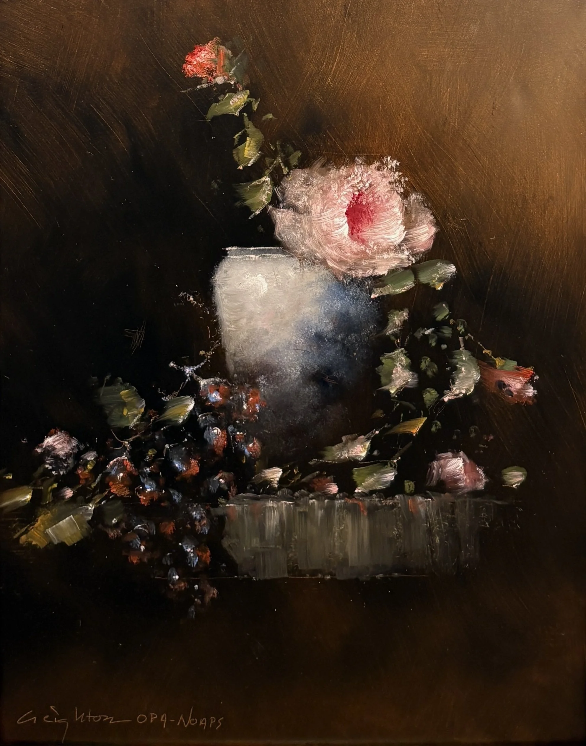   Steve Creighton   (American, b. 1942)   Floral with Blue Vase,  2026  Oil on board, 14 × 11 inches  Signed lower left  $1,200 