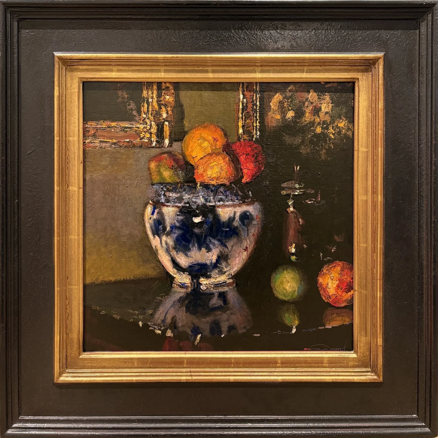   C. W. Mundy   (American, b. 1945)   Flow Blue Jardinière   Oil on linen, 18 × 18 inches  Signed lower right  $7,500 