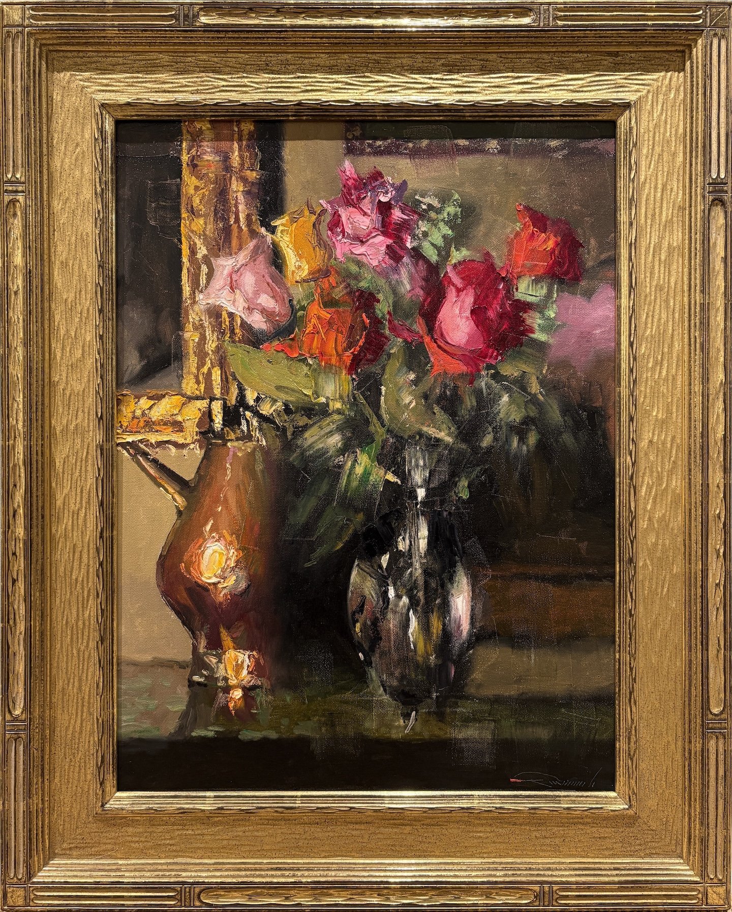   C. W. Mundy   (American, b. 1945)   Roses in the Studio   Oil on canvas, 24 × 18 inches  Signed lower right  $7,500 