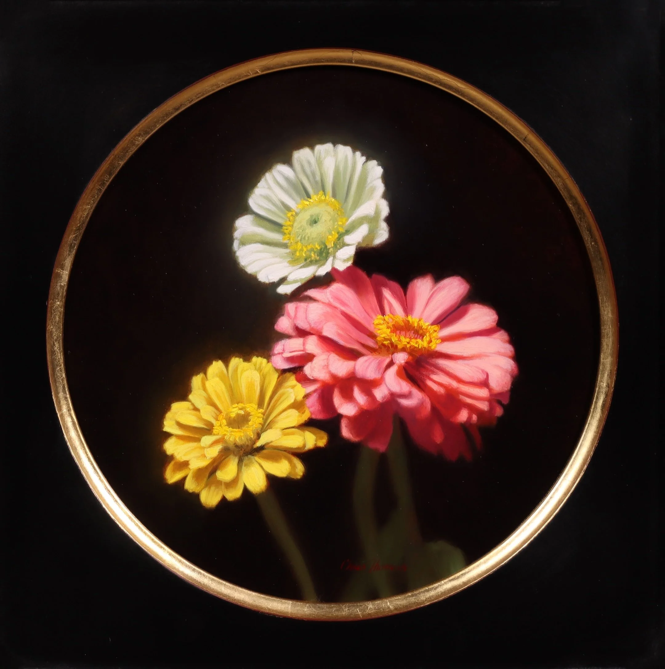   Chris Thomas   (American, b. 1970)   Zinnias   Oil on board, 8 × 8 inches  Signed lower right  $1,800 