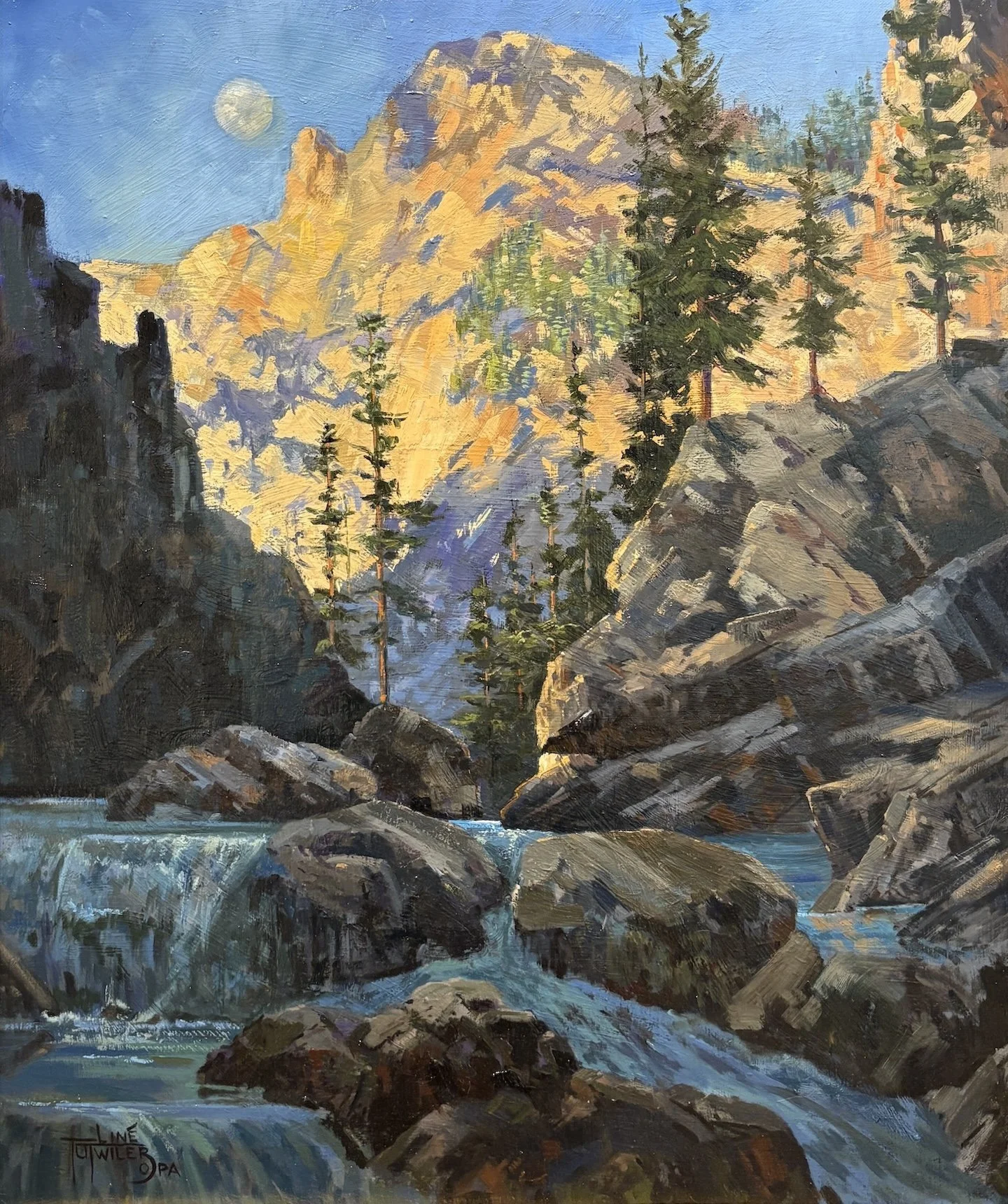   Liné Tutwiler   (American, b. 1954)   Moonrise Over the Mountains   Oil on linen, 24 × 20 inches  Signed lower left  $4,000 