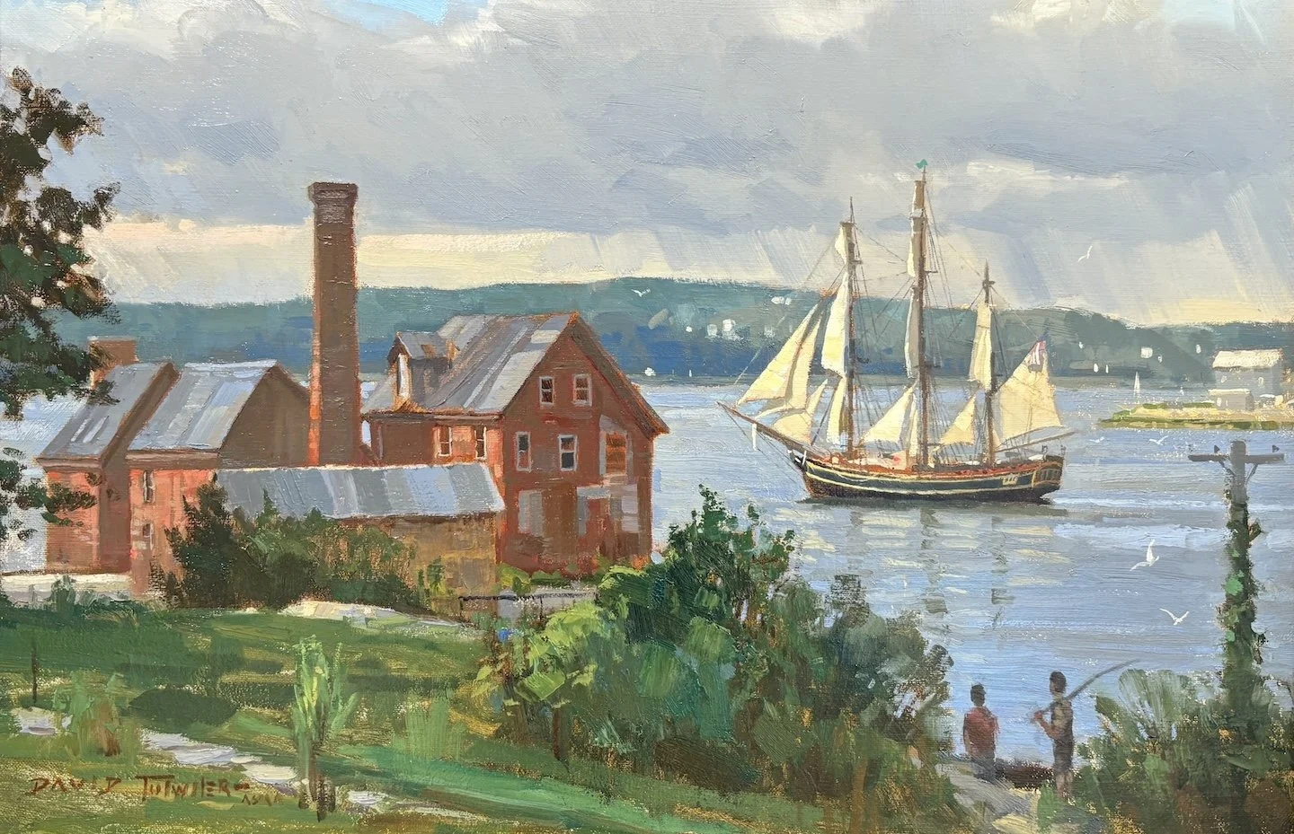   David Tutwiler   (American, b. 1952)   Sailing Out, HMS Bounty, Gloucester   Oil on linen, 16 × 24 inches  Signed lower left  $3,500 