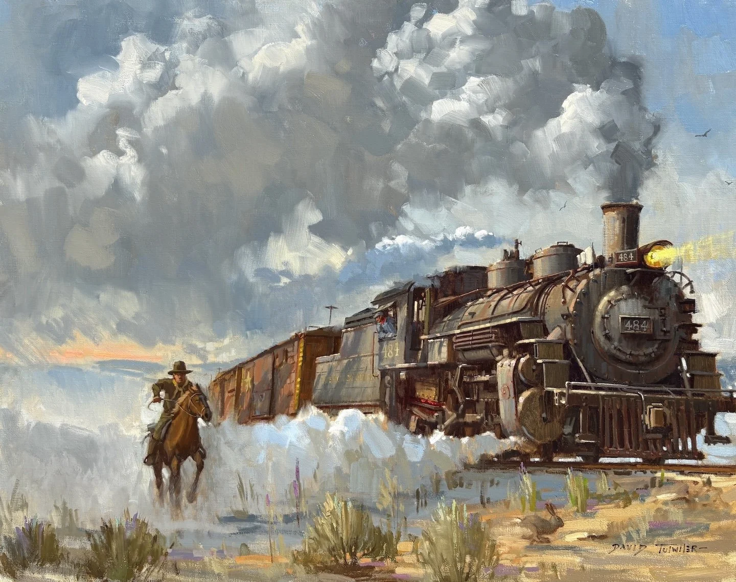   David Tutwiler   (American, b. 1952)   Chase With the Iron Horse   Oil on linen, 40 × 50 inches  Signed lower right  $15,000 