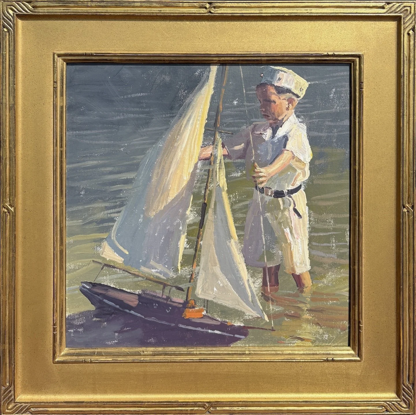   C. W. Mundy   (American, b. 1945)   Little Sailor with Pond Yacht   Oil on linen, 18 × 18 inches  Signed lower right  $7,500 