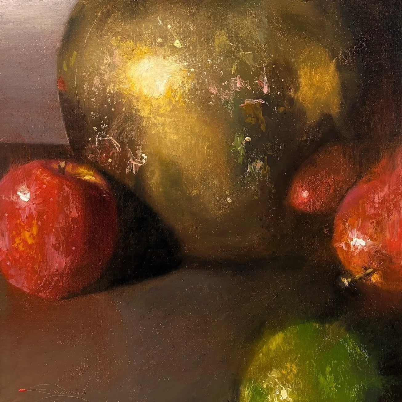   C. W. Mundy   (American, b. 1945)   Brass with Fruit   Oil on linen, 12 × 12 inches  Signed lower left  $4,500 