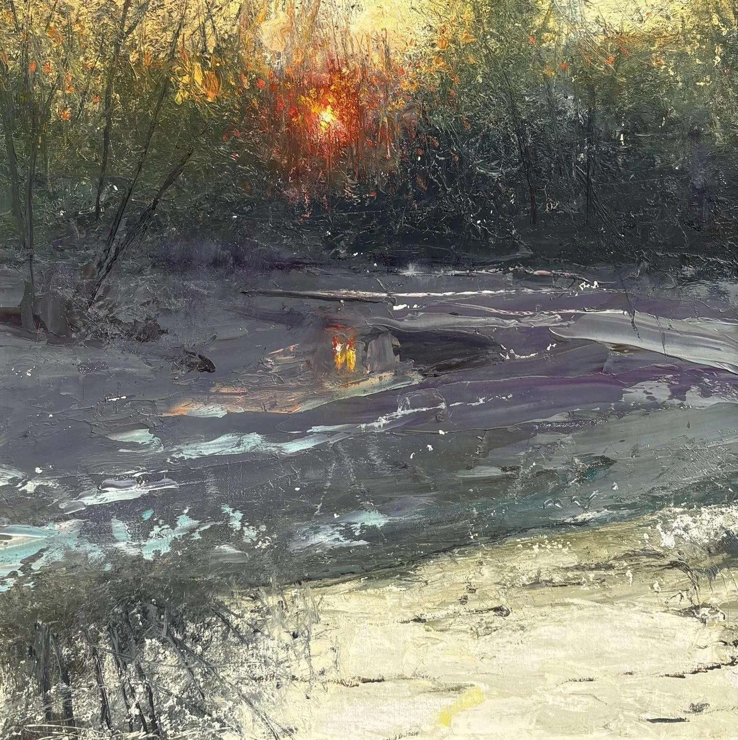   C. W. Mundy   (American, b. 1945)   Sunset at Williams Creek   Oil on linen, 18 × 18 inches  Signed lower left  $7,000 
