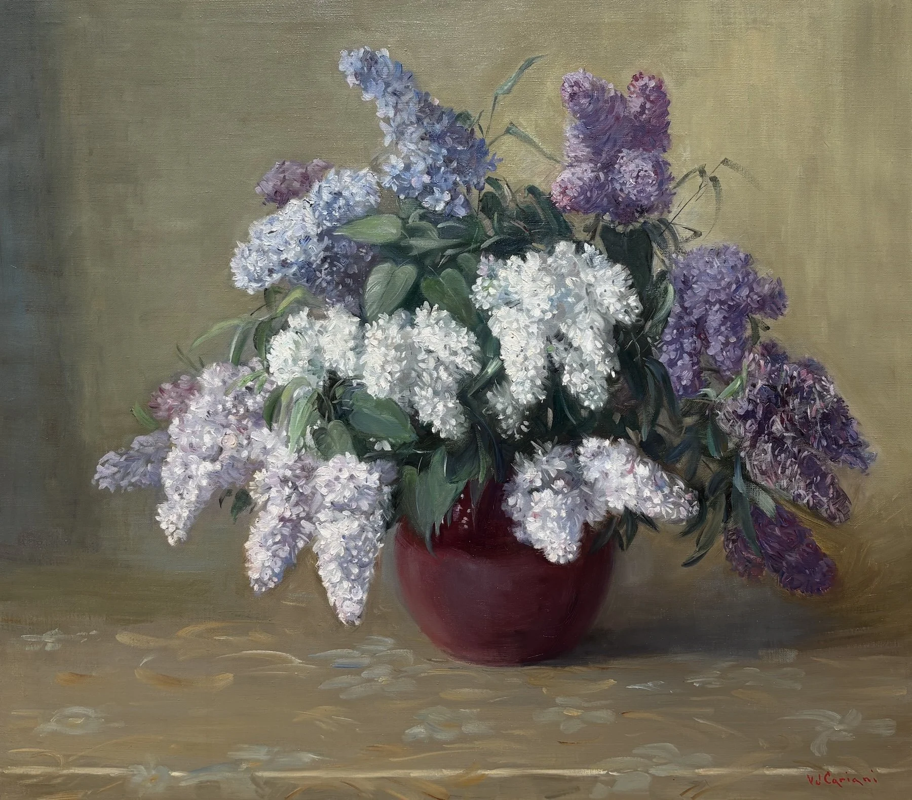   V. J. Cariani   (American 1891-1969)   Lilacs   Oil on canvas, 32 × 36 inches  Signed lower right 