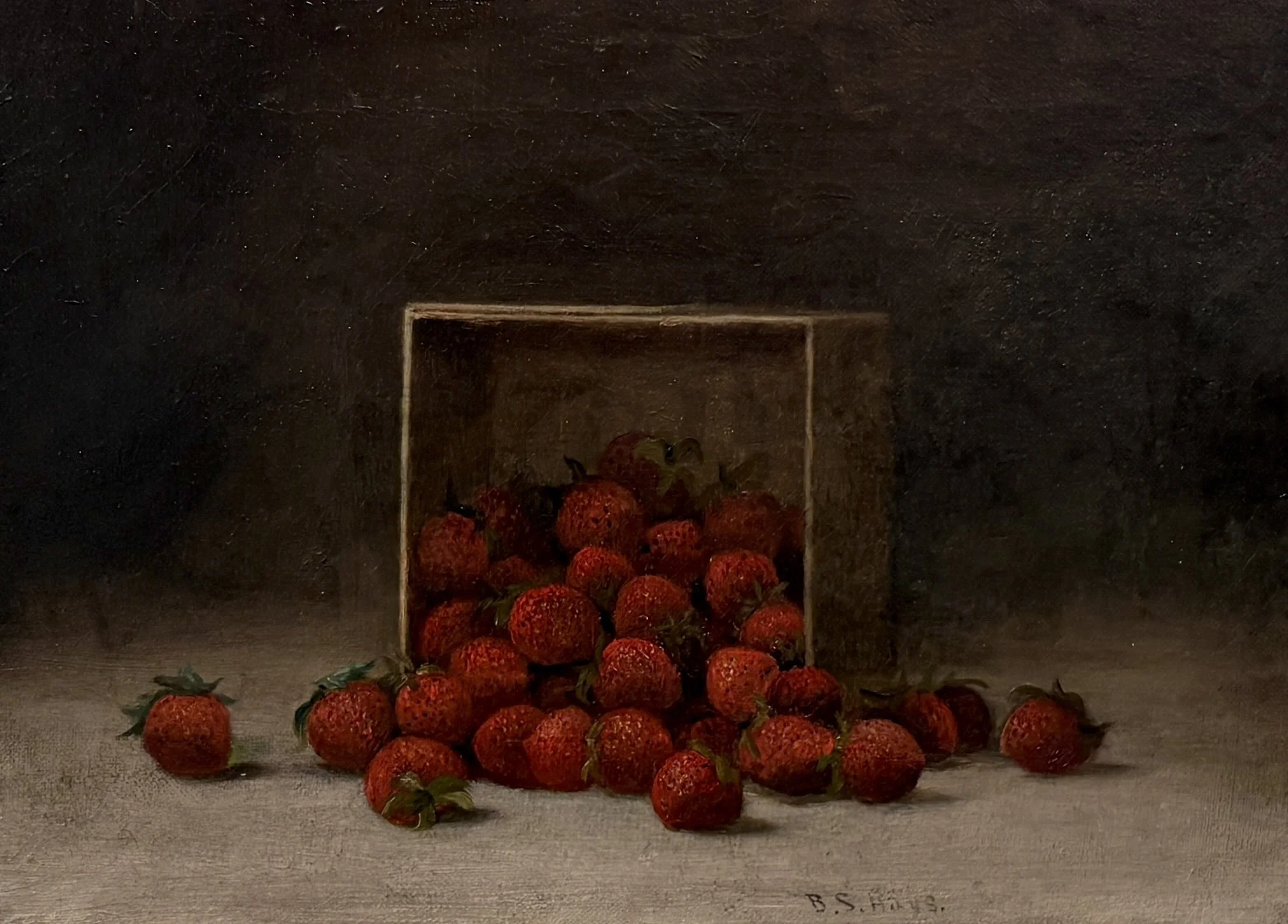   Barton S. Hays   (American 1826-1914)   Box of Strawberries   Oil on canvas 10 × 14 inches  Signed lower right 