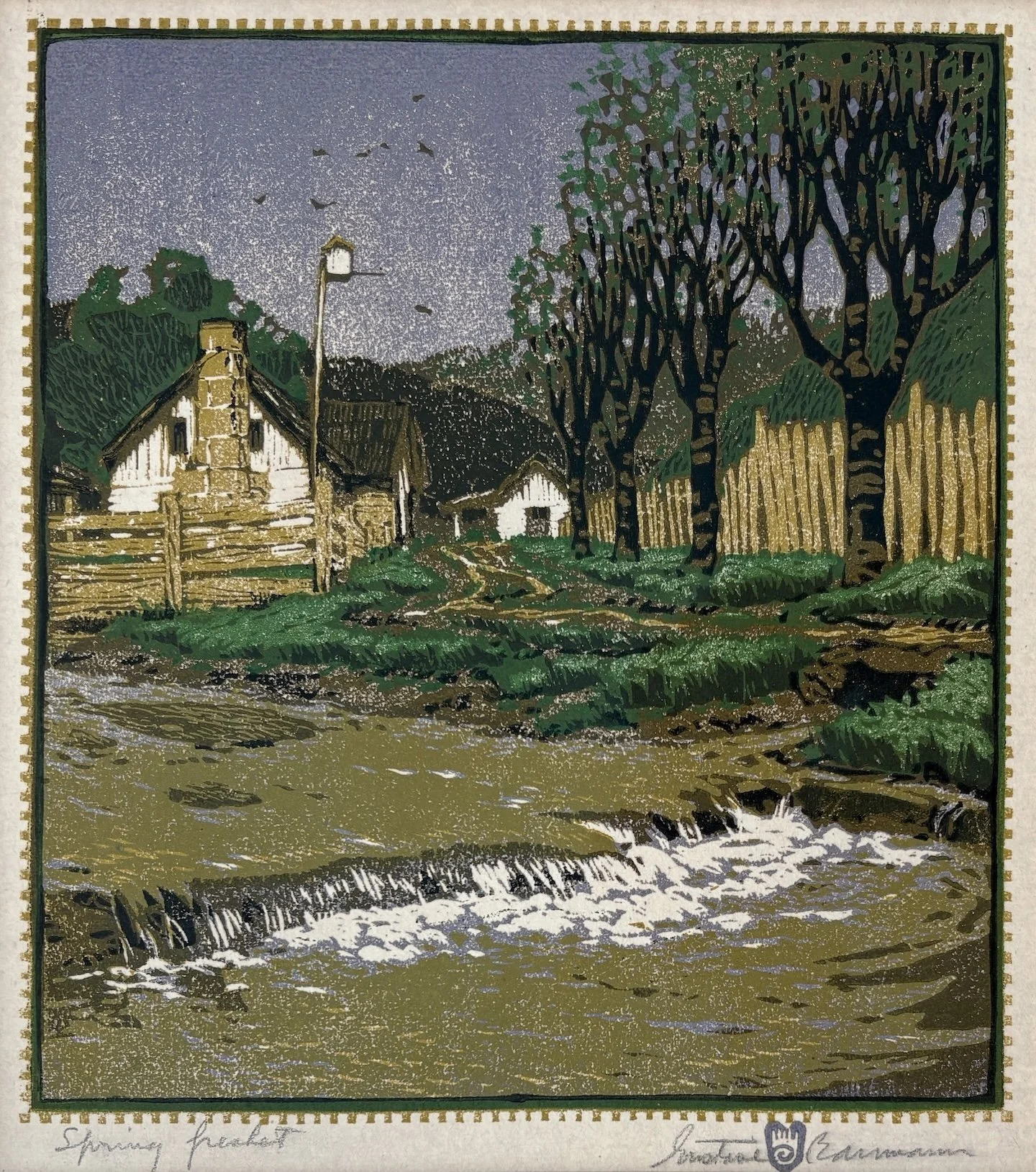   Gustave Baumann   (American 1881-1971)   Spring Freshet , 1916  Color woodcut, 10 7/8 × 9 ¾ inches  Signed lower right 
