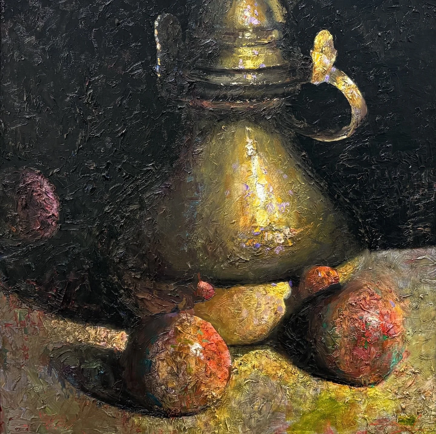   C. W. Mundy   (American, b. 1945)   Brass &amp; Pomegranates,  2014  Oil on linen, 36 × 36 inches  Signed and dated lower right  $22,500 