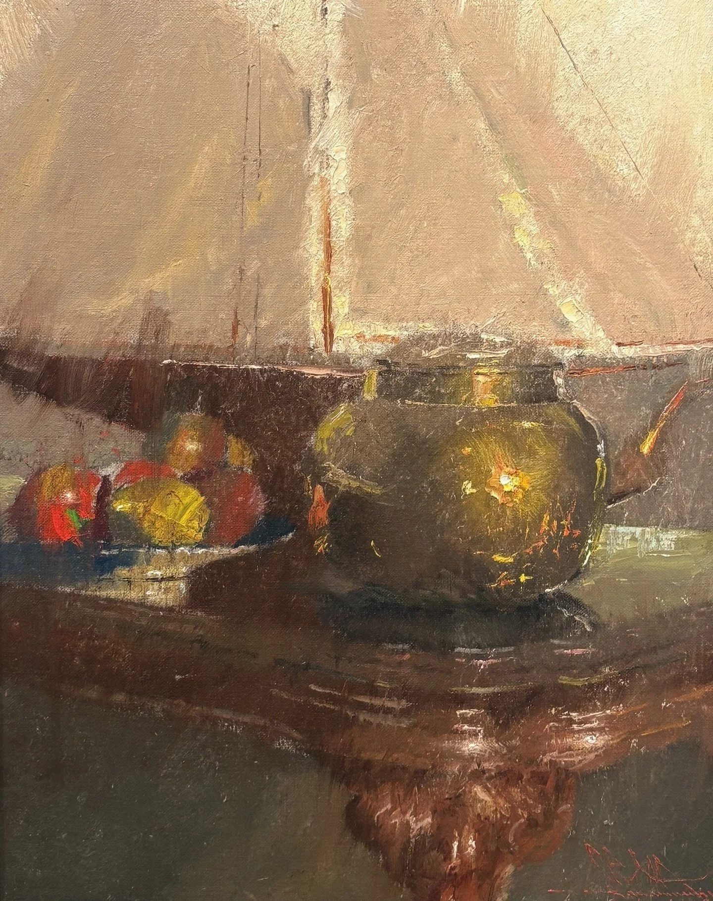   C. W. Mundy   (American, b. 1945)   Pond Yacht with Fruit,  2015  Oil on linen, 20 × 16 inches  Signed and dated lower right  $6,500 
