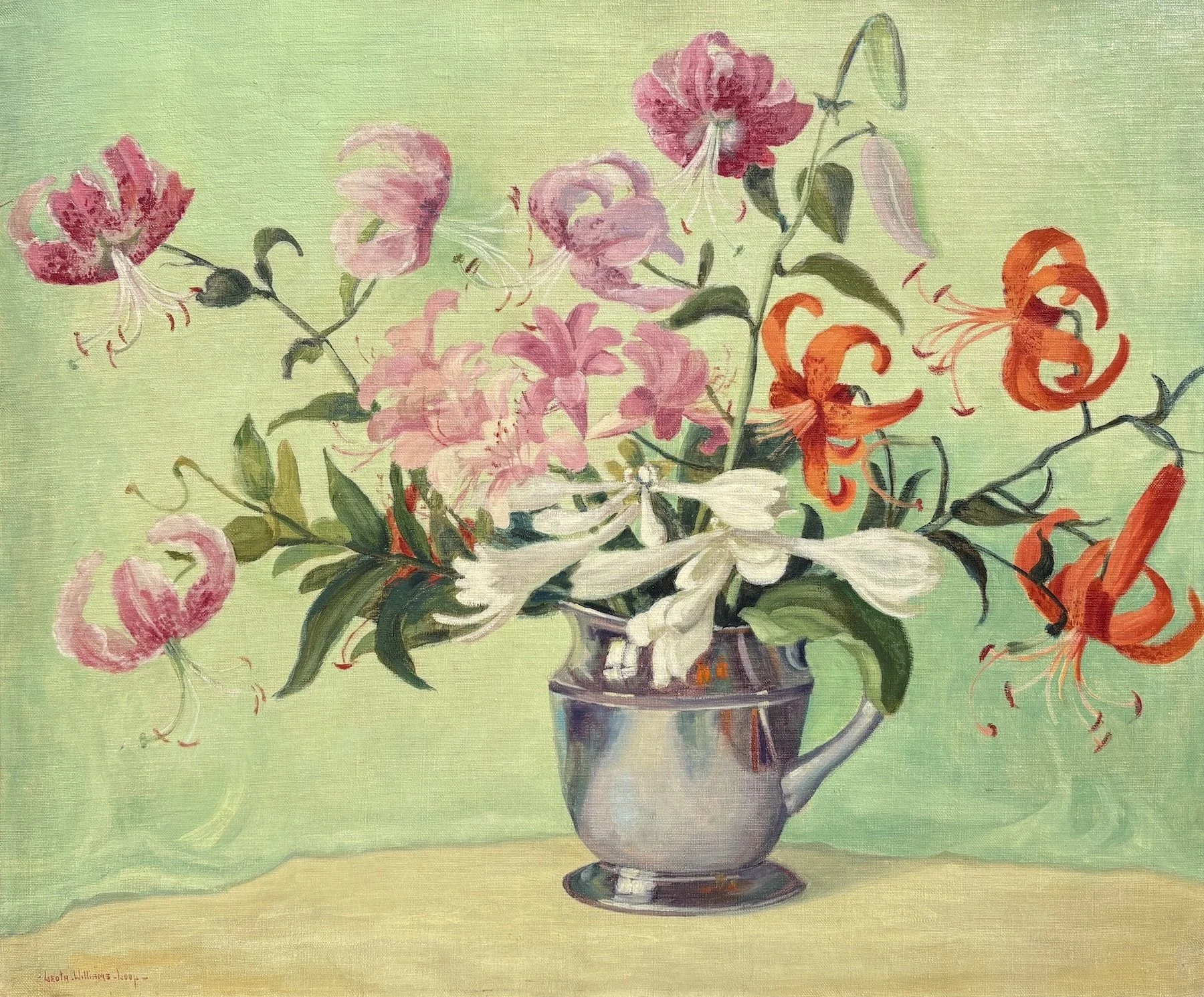   Leota Williams Loop   (American 1893-1961)   Lilies Every One   Oil on canvas, 25 × 30 inches  Signed lower left 
