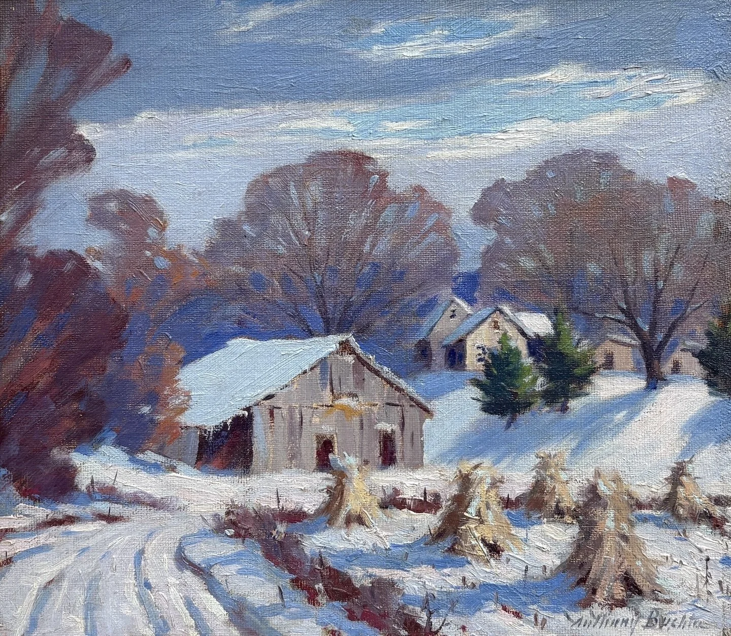   Anthony Buchta   (American 1896-1967)   Winter in Brown County Indiana   Oil on canvas on board, 14 × 16 inches  Signed lower right 