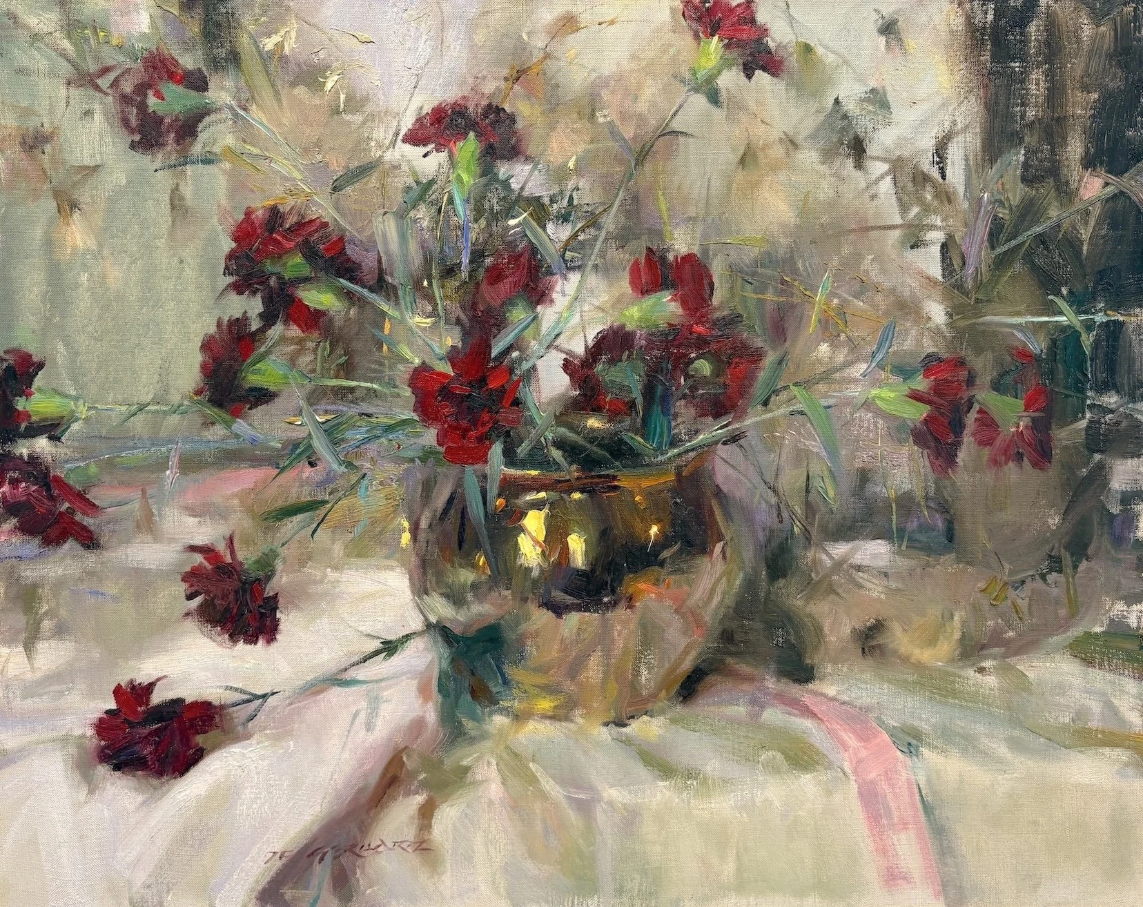   Daniel F. Gerhartz   (American, b. 1965)   Carnations &amp; Thistle   Oil on linen, 24 × 30 inches  Signed lower left 