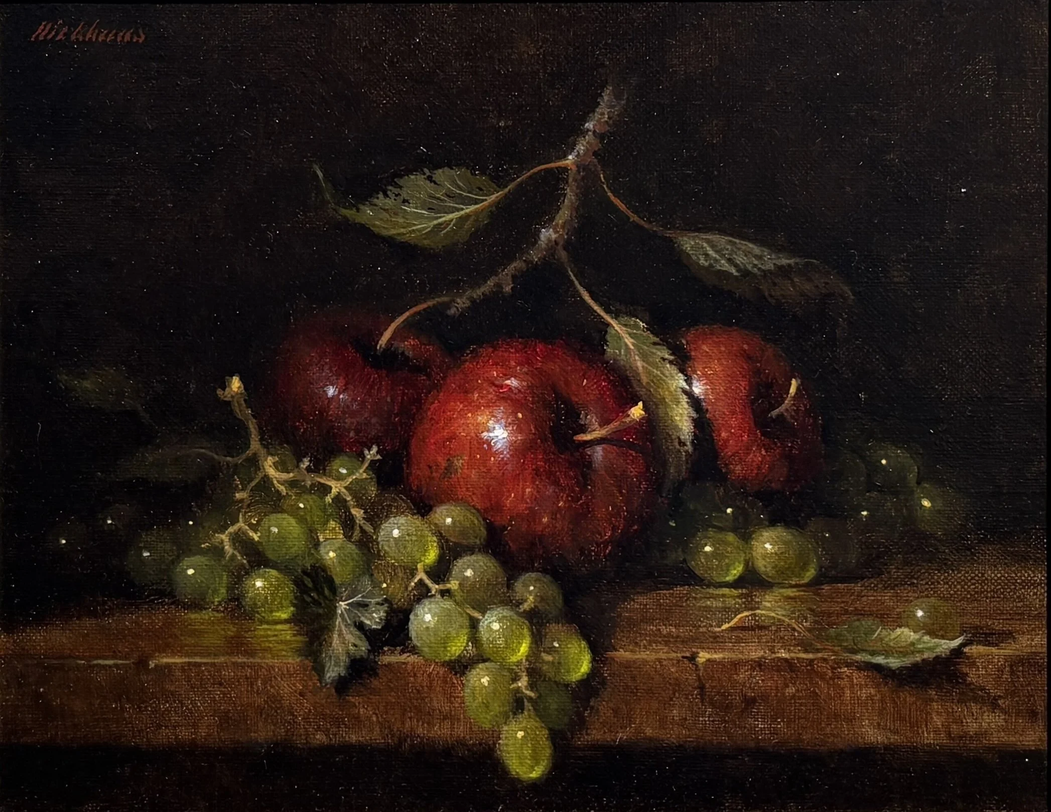   John Dickhaus   (American 1926-2011)   Green Grapes &amp; Red Apples,  ca. 1992  Oil on linen, 8 × 10 inches  Signed upper left 
