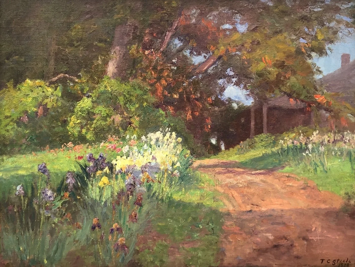   T. C. Steele   (American 1847-1926)   The Iris Road,  1919  Oil on canvas on board, 30 × 40 inches  Signed and dated lower right  Extensive exhibition history   SOLD  