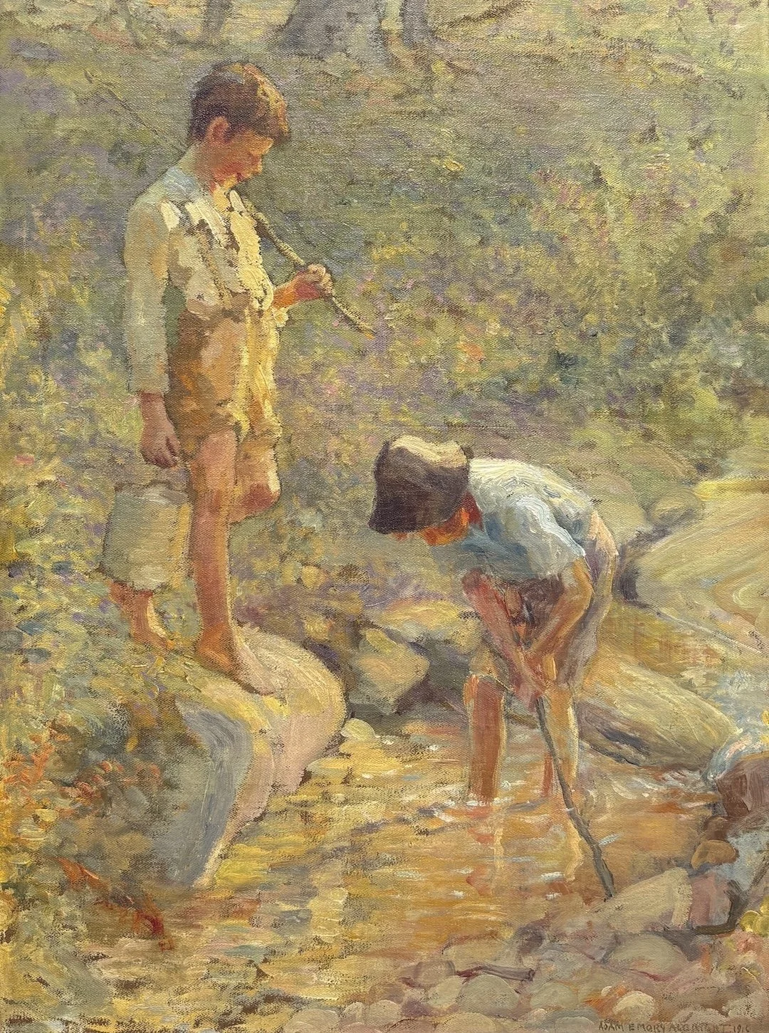   Adam Emory Albright   (American 1862-1957)   Looking for Crayfish,  1916  Oil on canvas, 24 × 18 inches  Signed and dated lower right   SOLD  