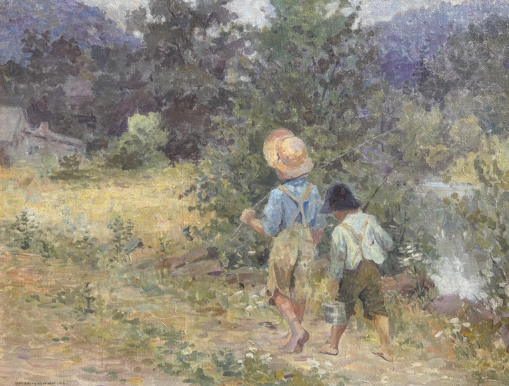   Adam Emory Albright   (American 1862-1957)   Big Fish Up the Creek,  1912  Oil on canvas, 20 × 26 inches  Signed and dated lower left   Exhibited:  Art Institute of Chicago, 1913 