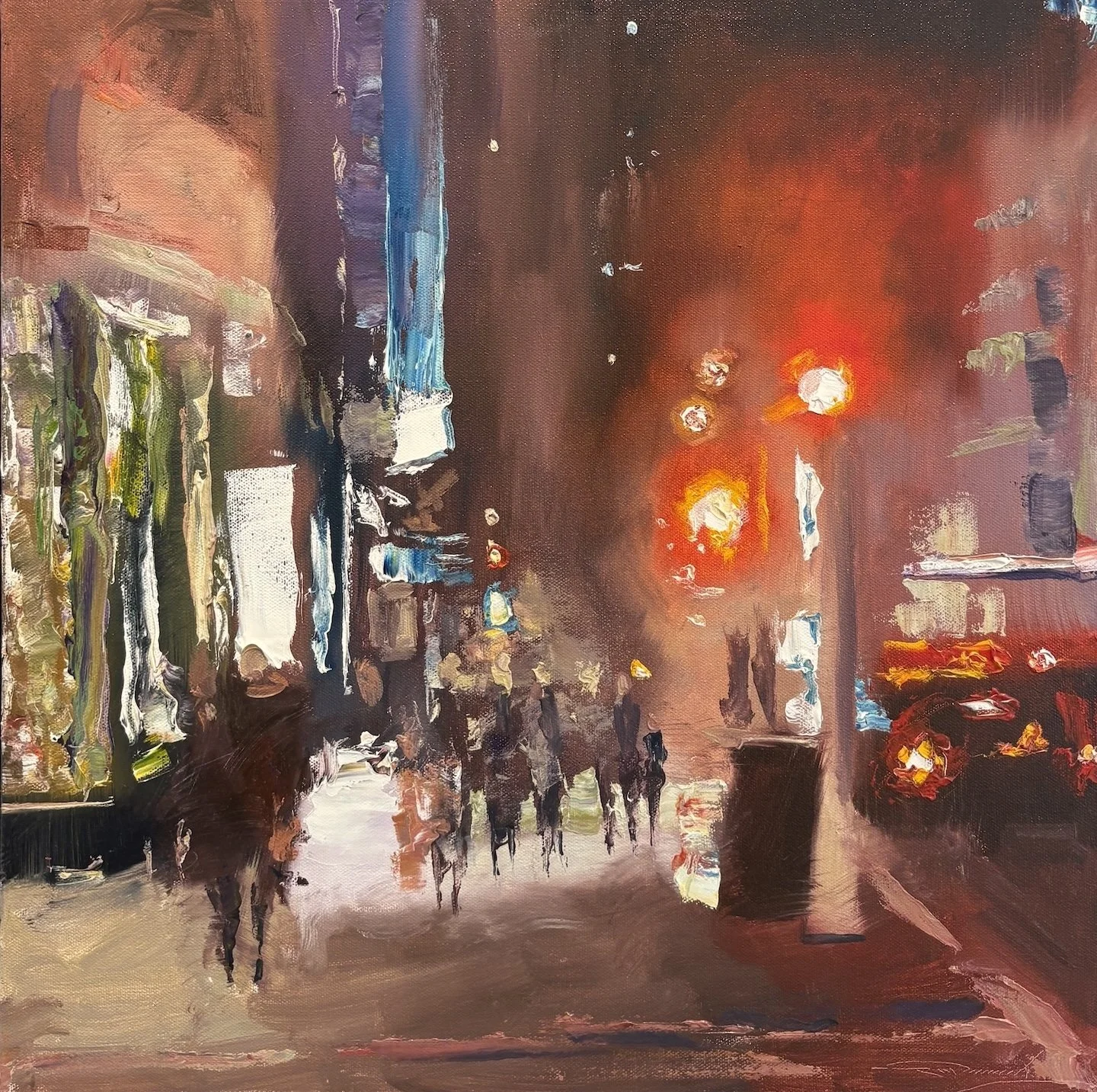  C. W. Mundy   (American, b. 1945)   New York City Nightlife   Oil on linen, 20 × 20 inches  Signed lower right  $6,000 