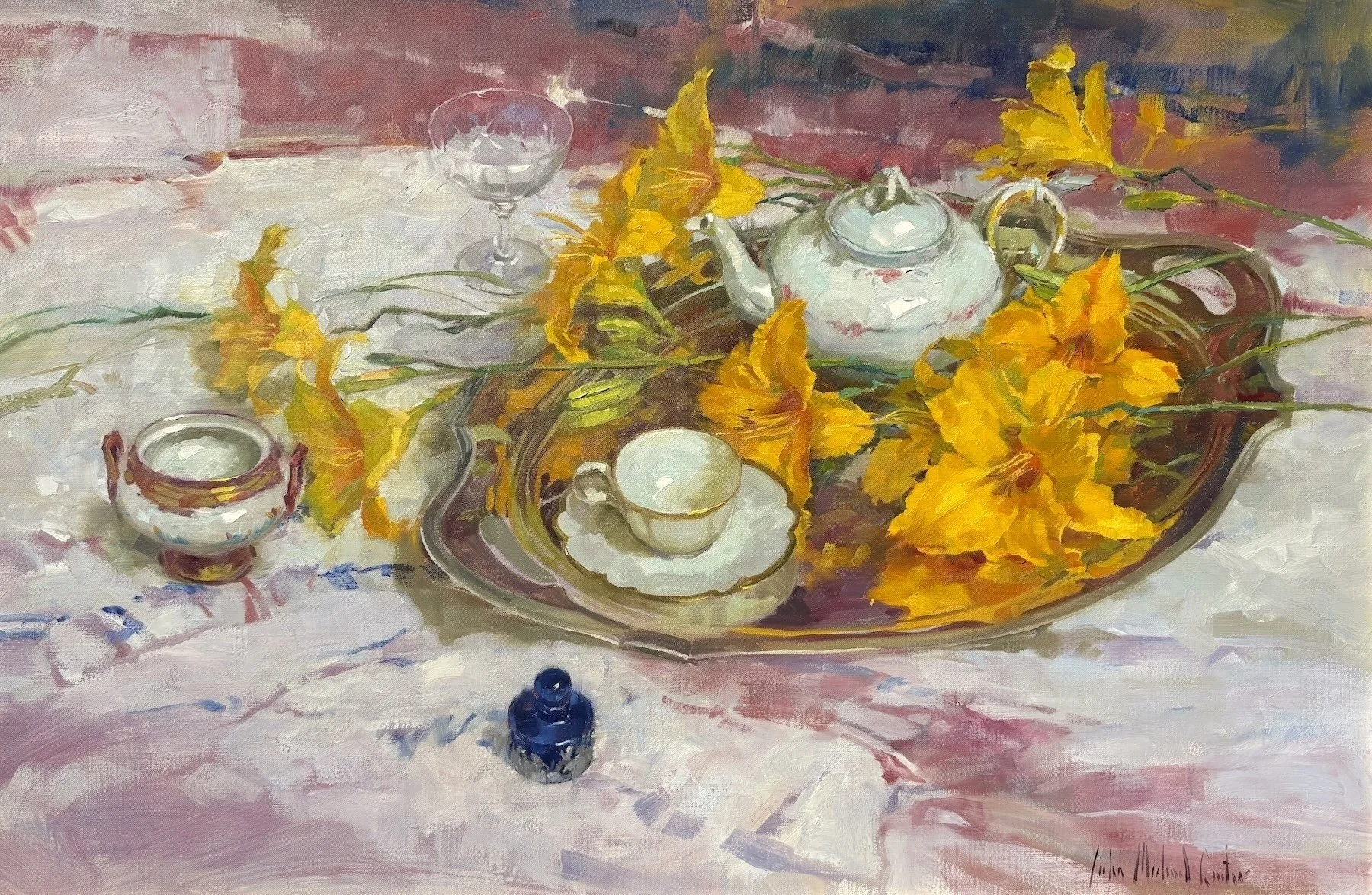   John Michael Carter   (American, b. 1950)   Teapot &amp; Lilies   Oil on linen, 24 × 36 inches  Signed lower right  $9,500 