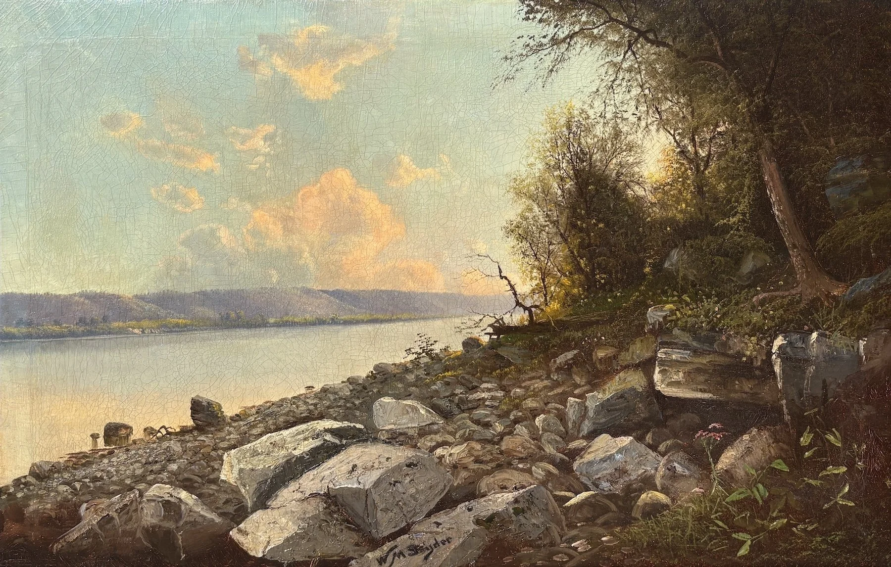   William McKendree Snyder   (American 1848-1930)   Ohio River Beach,  ca. 1870s-1880s  Oil on canvas, 22 × 35 inches  Signed lower center 