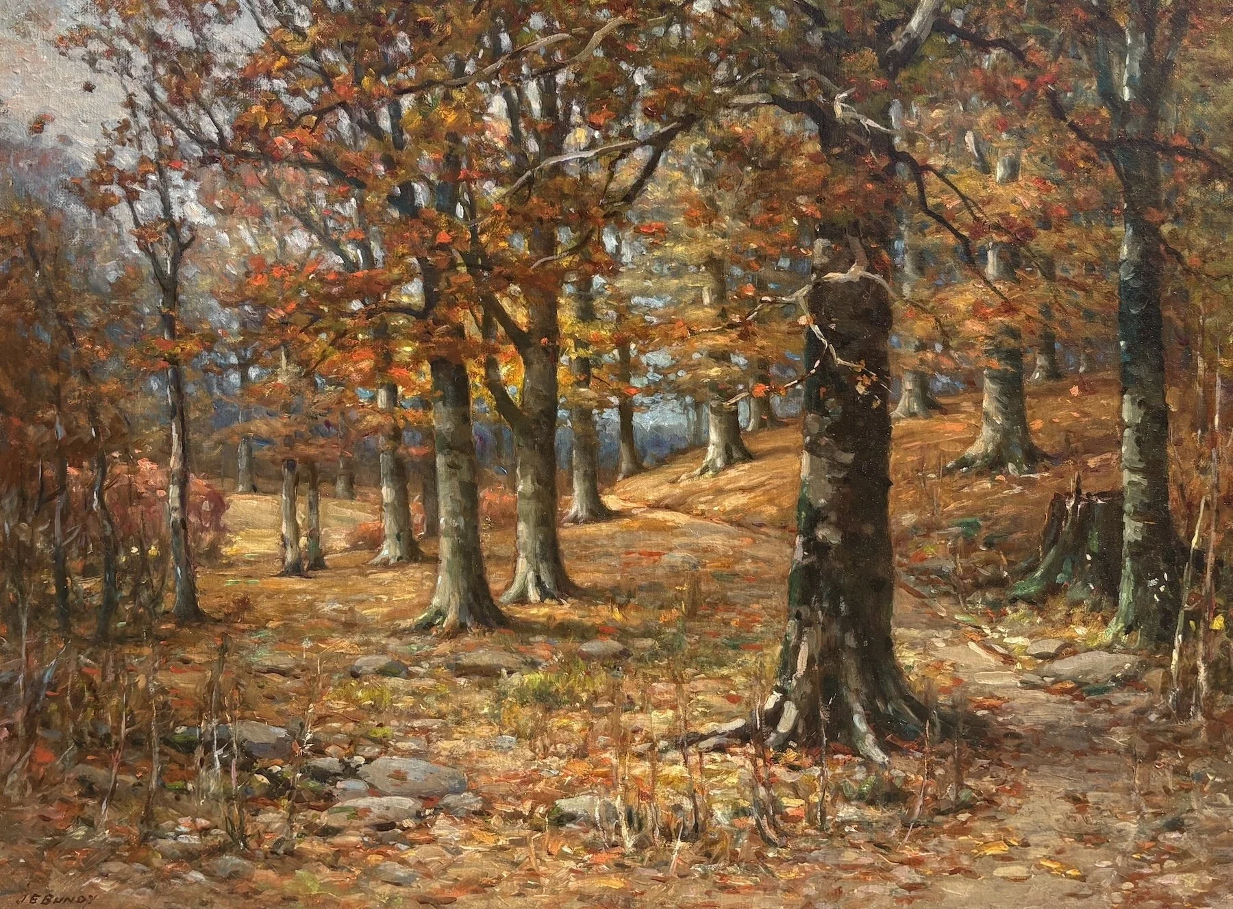   John Elwood Bundy   (American, 1853-1933)   The Path Through the Woods   Oil on canvas, 18 × 24 inches  Signed lower left 