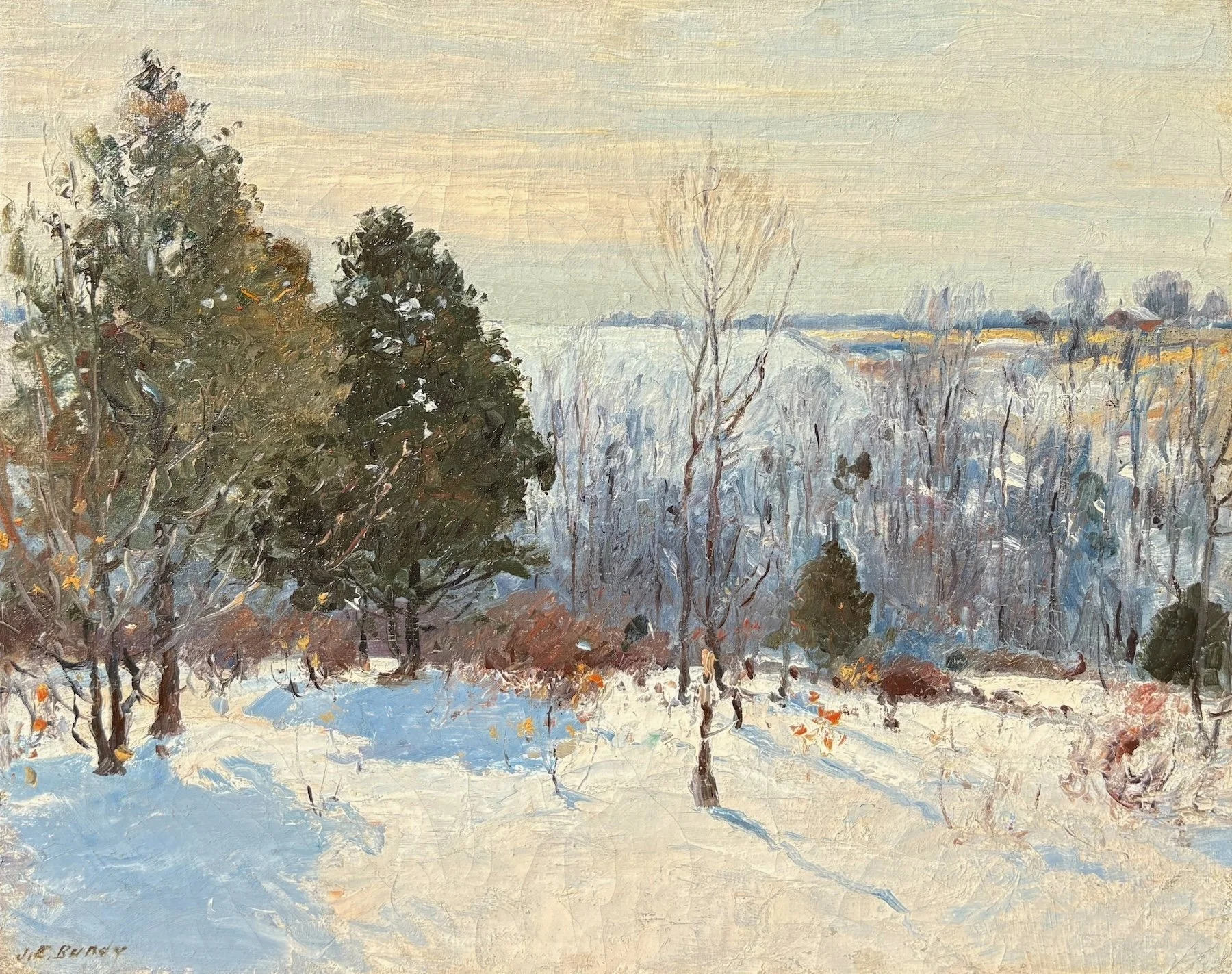   John Elwood Bundy   (American 1853-1933)   Winter at Cedar Crest   Oil on canvas, 16 × 20 inches  Signed lower left 