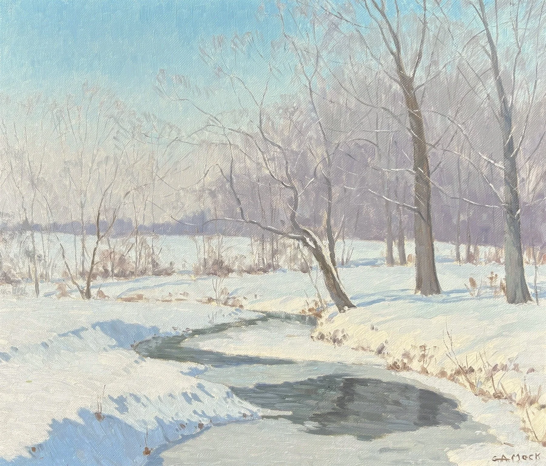   George Mock   (American 1886-1957)   Creek in Winter,  ca. 1948  Oil on Masonite, 24 × 28 inches  Signed lower right 
