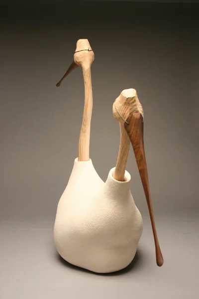   Search and Search,  2007  Ceramic, fir, mahogany, steel wire  38 x 28 x 14 in 