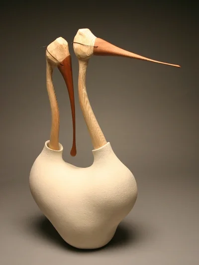   Drafting for Twins,  2007  Ceramic, fir, mahogany, steel wire  16 x 30 x 11 in 
