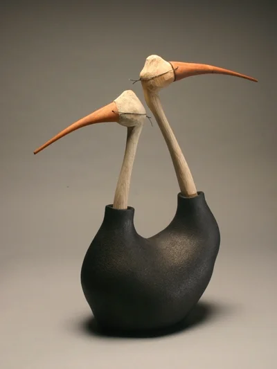   Exit Strategy , 2007  Ceramic, acrylic, ink, fir, mahogany, steel wire  27 x 29 x 12 in 