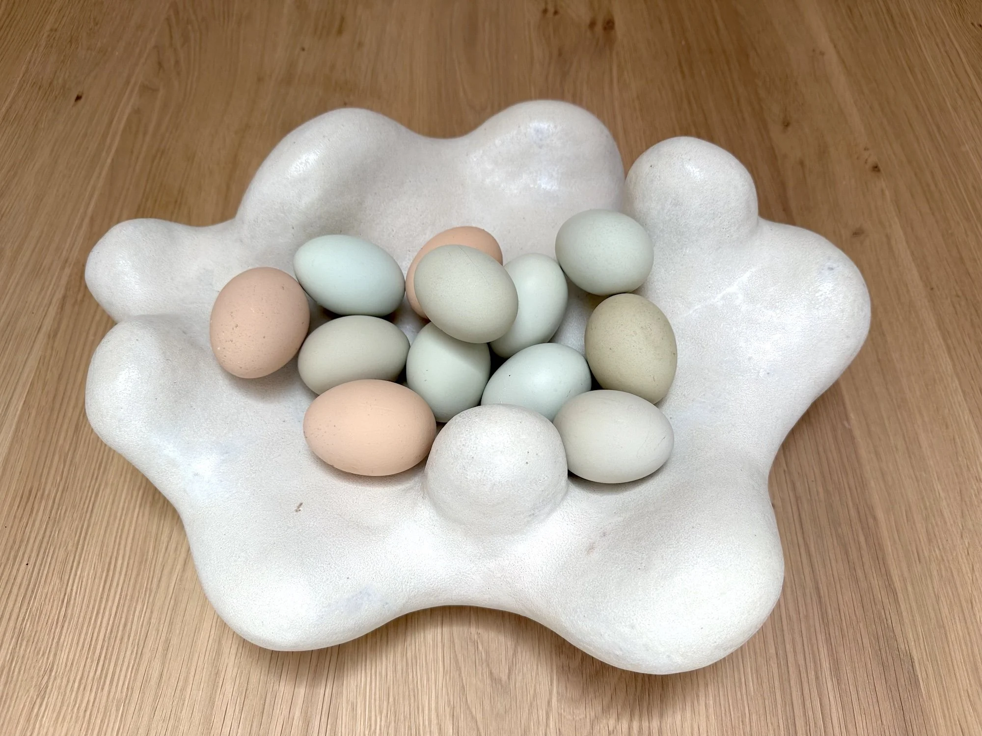  eggs and loose fruit bowl, 2024, Glazed ceramic and produce, 5 × 15 × 12” 