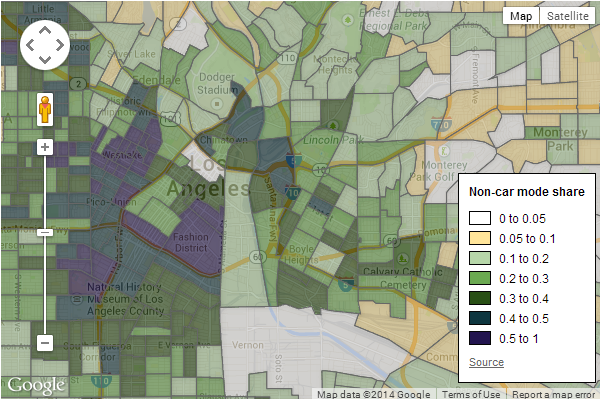 Screen capture of the car-free commute map for my current home, Los Angeles