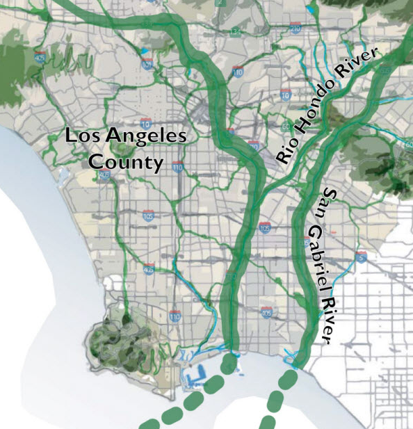 In the Emerald Necklace Vision Plan, green space connects residents throughout Los Angeles. Image from Amigos de los Rios .
