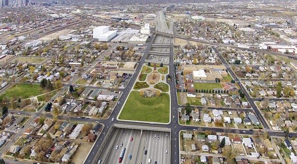 A rendering of Denver's planned I-70 widening, bury, and cap. Photo from I-70east.com .