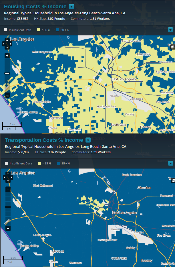 Maps from the Center for Neighborhood Technology's H+T Affordability Index .