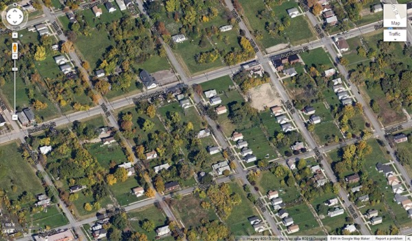 Google Maps image of part of the Core City neighborhood in Detroit, MI.