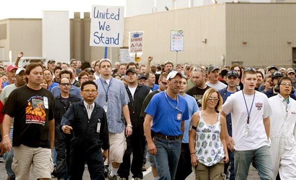 Boeing employees strike in September, 2008, photo from the Seattle Times .