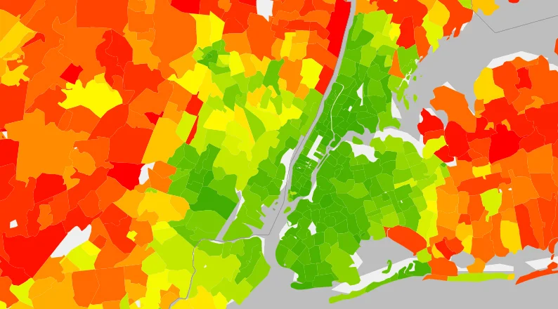 Average annual carbon emissions per household in the New York metro area. Dense, "dirty" New York City produces about half as many emissions, per household, as the "green" suburbs beyond. Image from Berkeley's CoolClimate maps site .