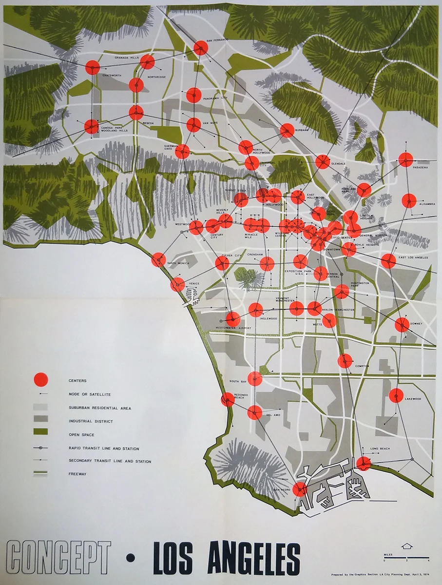A concept plan for the polycentric growth of Los Angeles, approved in 1974. Proposition U made the development of many of these corridors illegal, making the plan impossible to implement. Image from Recode:LA .