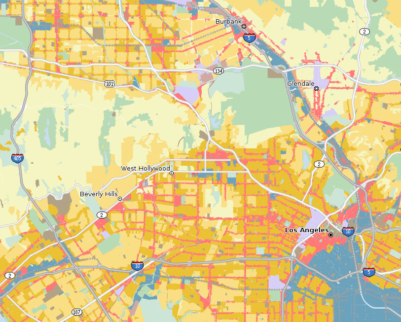 A map highlights the zoning designations for parcels in Los Angeles and adjacent cities. The pink/salmon colored parcels are zoned for commercial use, and were the primary targets of Proposition U in 1986. Image from Property Shark .