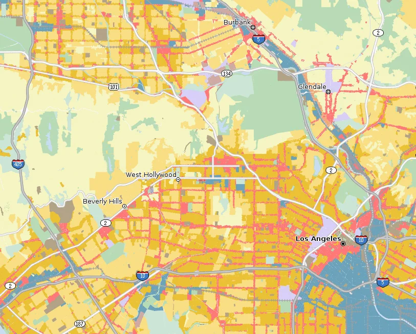 Partial map of zoning areas in LA. Salmon/pink-colored zones were affected by Proposition U, and could produce a massive supply of affordable housing at no cost to the public. Map from Property Shark .