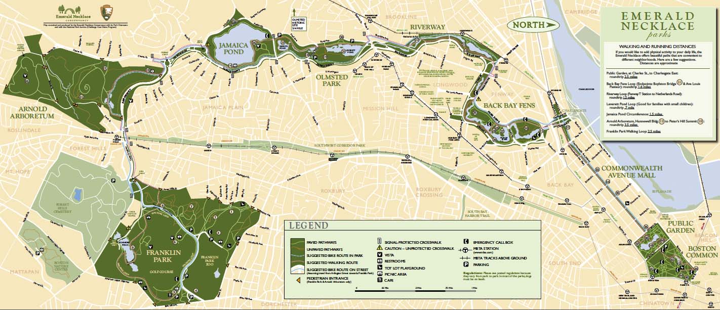 A map of the Emerald Necklace parks and parkways stretching throughout Boston.