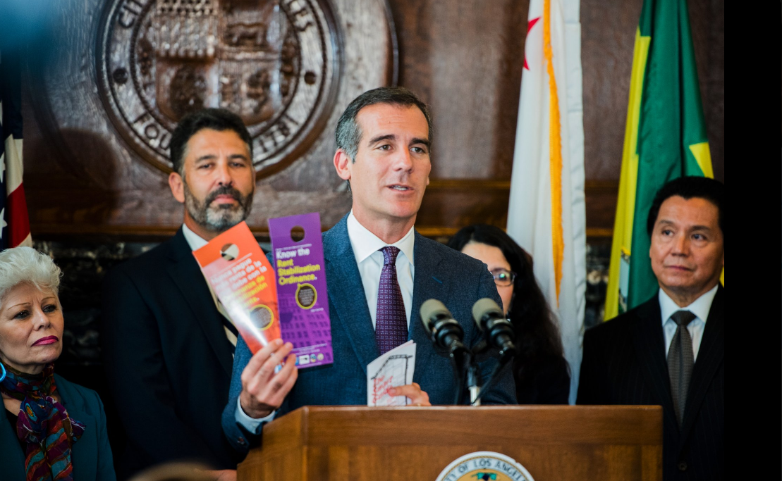 Mayor Garcetti announces an informational campaign on rent stabilization spearheaded by his office, Home For Renters .