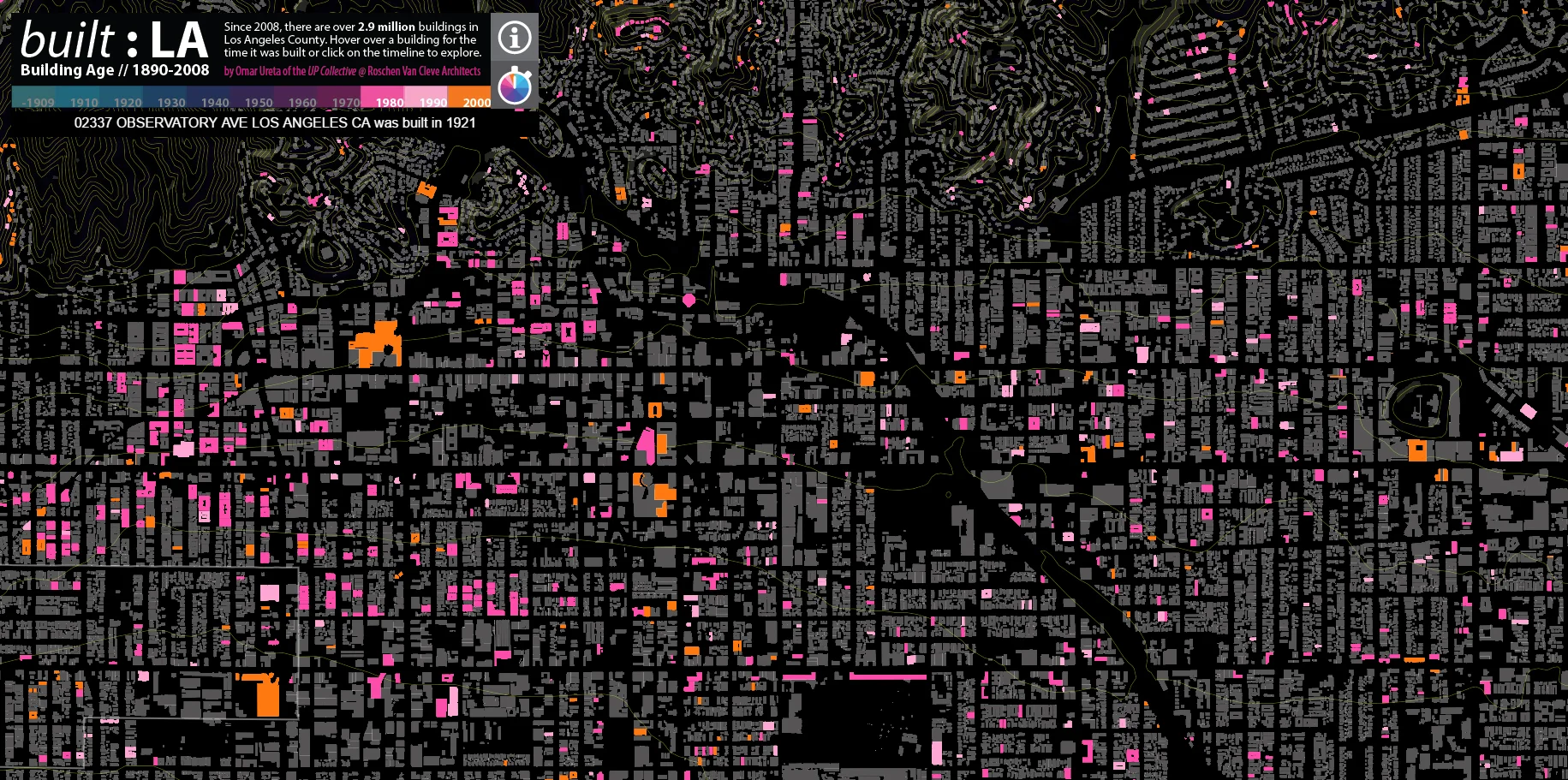 A screencap from Omar Ureta's Built:LA map , highlighting all of the buildings constructed between 1980 and 2008.