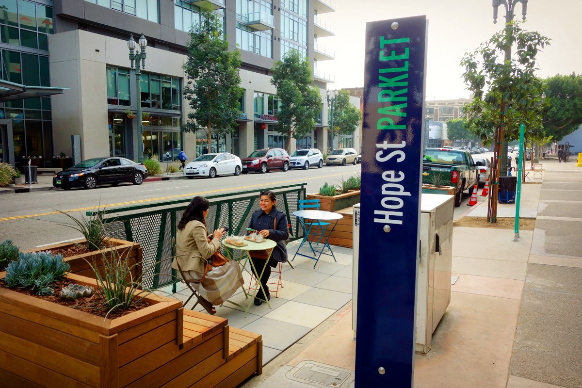 Parklets are great additions to the urban fabric of a neighborhood, but they can't take the place of real, full-sized parks. Photo from DTLA Rising by Brigham Yen .