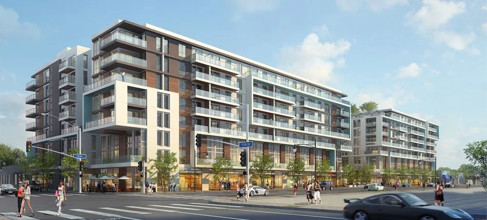 A 379-unit housing development proposed for 1100 S Main Street in downtown LA, half a mile from Metro's Pico station. It would include 42 units for low-income households and 26,000 sq ft of office and neighborhood-serving space, and would replace several one-story commercial buildings—no households would be displaced. This project requires a general plan amendment, zone change, and height district; if Measure S passed it couldn't be built because this area is currently zoned for "light manufacturing" only.
