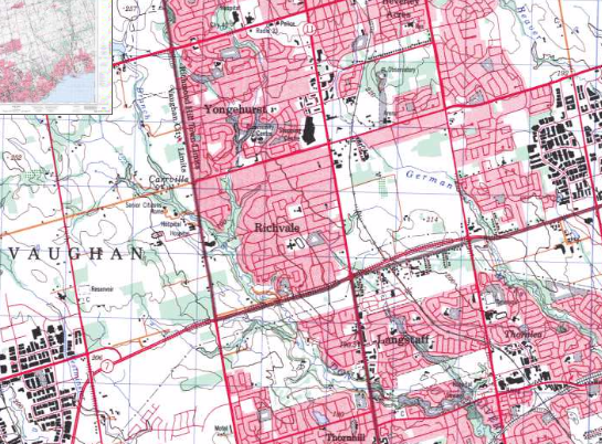 Topo map showing farmland in the Toronto region. This map was likely last updated in the 90s