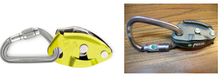 Left: Ideal set up with a D-shaped biner. Right: Acceptable setup with HMS biner